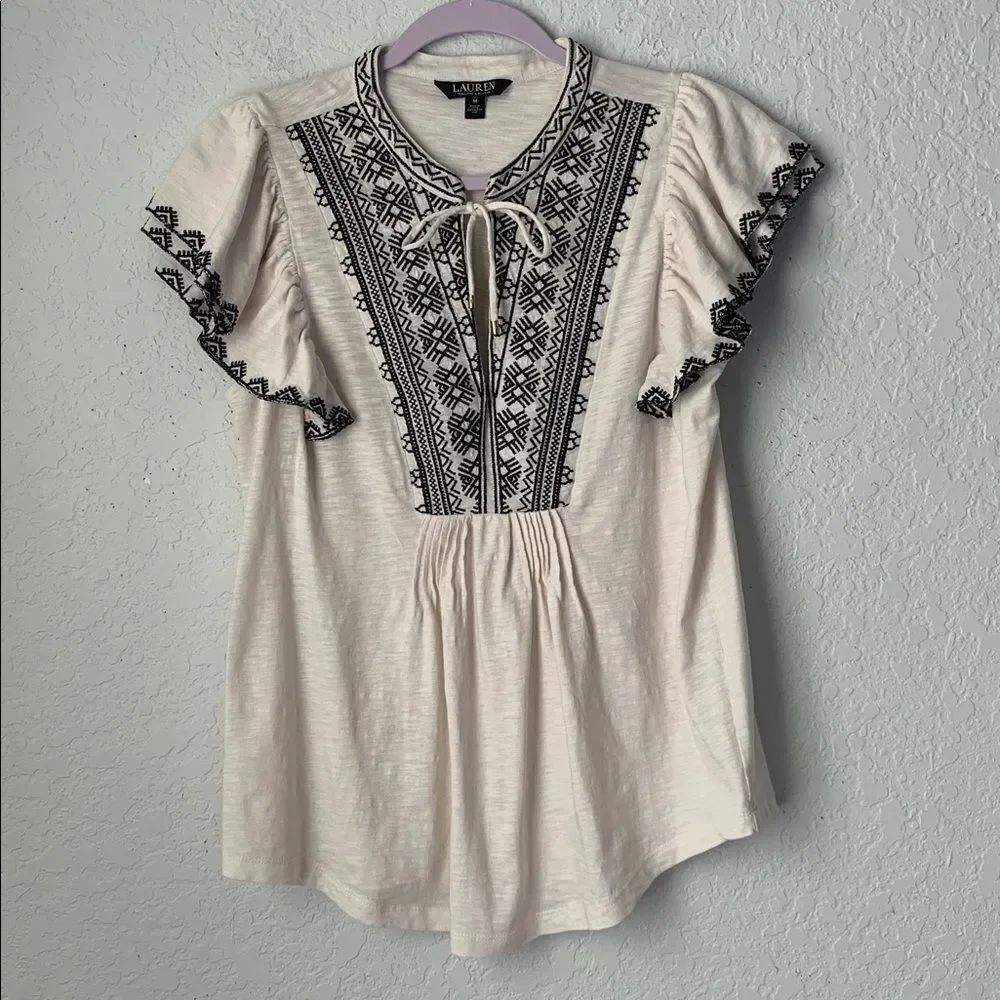 Lauren Ralph Lauren Embroidered Ruffle Trimmed Tie Banded Top Blouse Size M